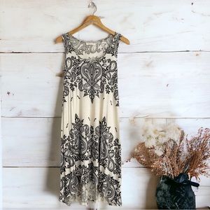 Boutique Linen Blend Medallion Print Sleeveless Swing Dress Women’s S Gray/Cream